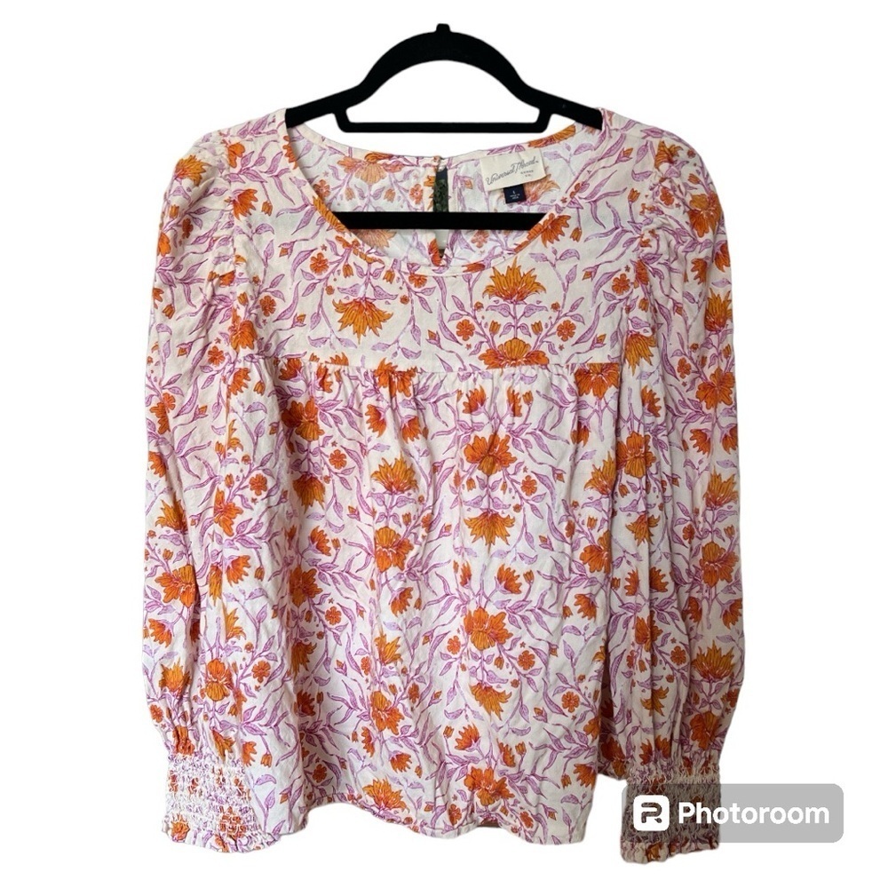 Universal Thread White Floral Peasant Blouse with Orange and Pink Print